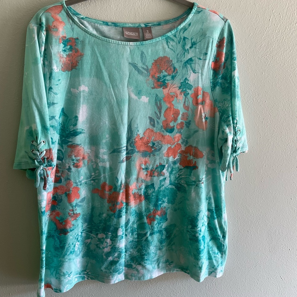 Chico's Aqua and Coral Floral Blouse